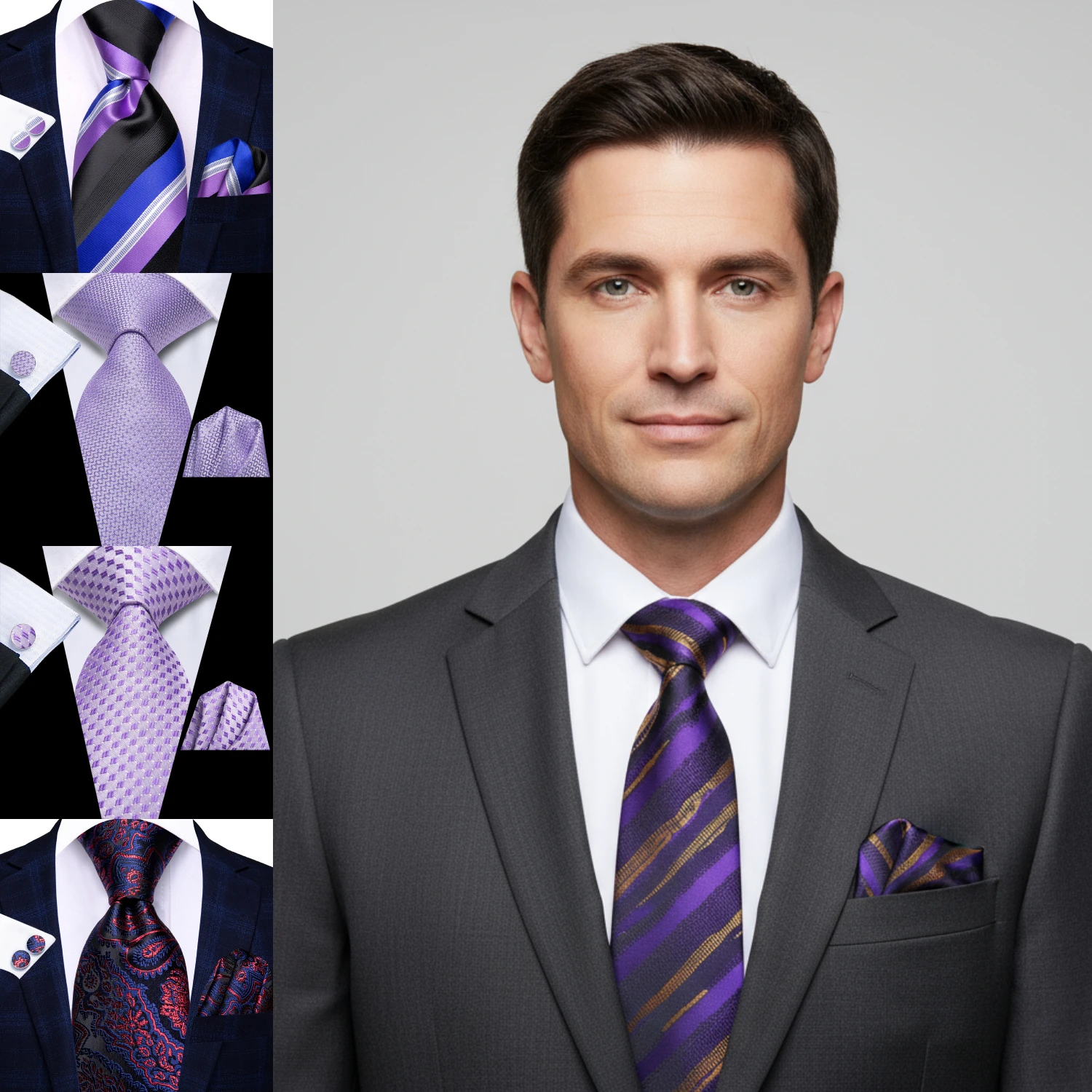 Hi-Tie 3pcs Mens Tie Purple Floral Stripes Solid Necktie Pocket Square Cufflinks  Set Wedding Formal Casual Office Party