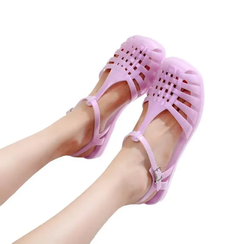 Casual Roman Sandals Women's Summer Outdoor Flat Bottom Hollow out Head Square Beach Jelly Shoes Fashionable Low Cut Polyester