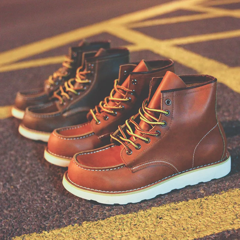 

Men American Retro Tooling Boots Casual Crazy Horse Leather Men's Boots Vintage Lace Up Ankle Cowboy Boots Motos Racing Shoes