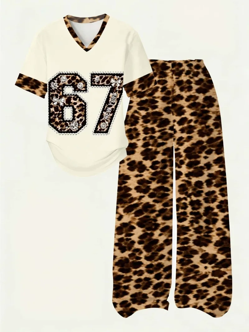 Y2K Millennium Style Leopard Print Digital 3DPrinting Children's and Women's Breathable Quick Drying Loose T-shirt and Pants Set