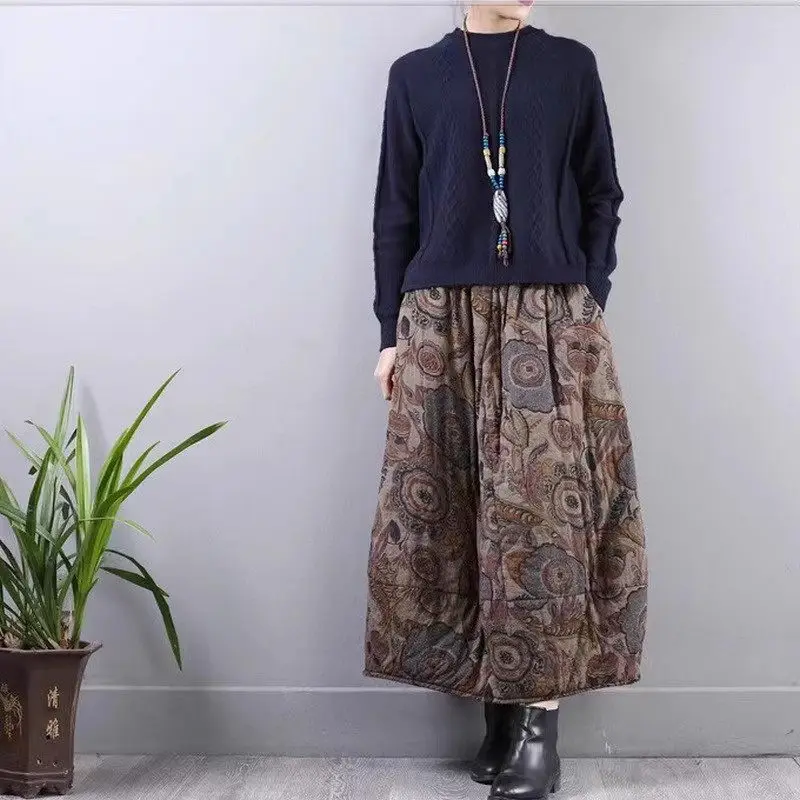 Women 2023 Winter Vintage Art Print Cotton Quilted Skirt Elastic Waist Warm And Thick Mid Length Cocoon Skirt Mujer Faldas Z3548