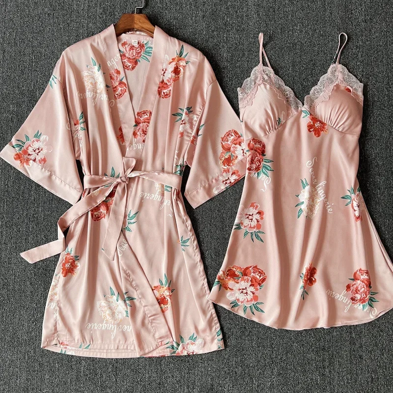 

Women Print Floral Kimono Robe Gown Sets Bride Wedding Lingerie Nightdress Thin Bathrobe Summer Pyjamas Suit Casual Home Clothes