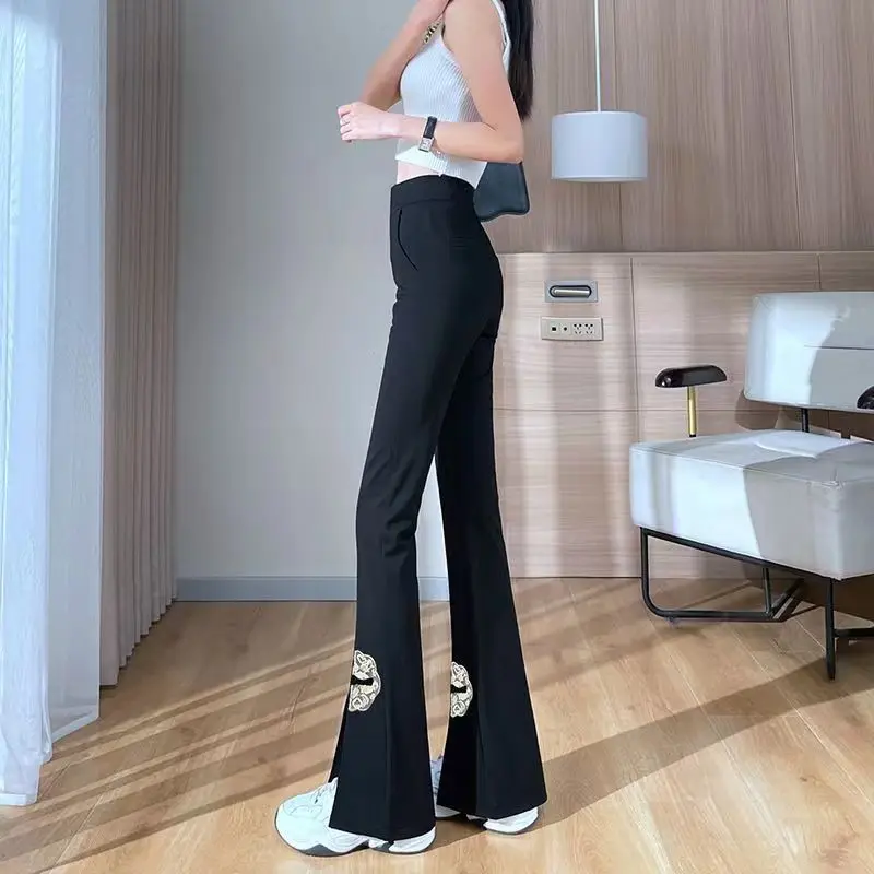 Chinese Disc Buckle Embroidery Flare Pants Vintage Female Clothing Split Basic High Waist Elastic Casual Trousers Summer Fashion