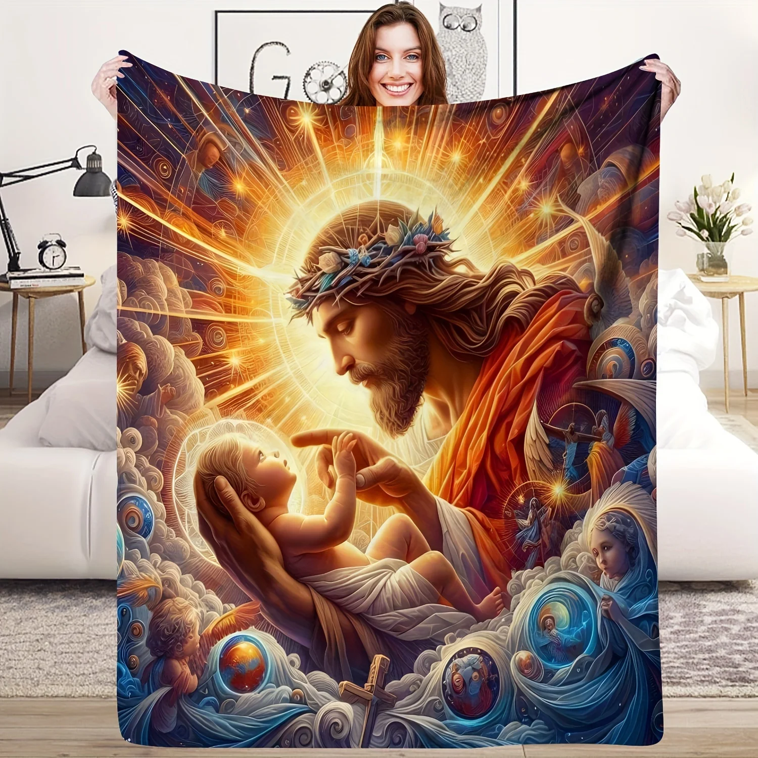 Jesus Holding Baby Blanket Religious Christian Art Fleece Throw Soft Warm Bedding Sofa Cover Holy Family Home Decor Gift