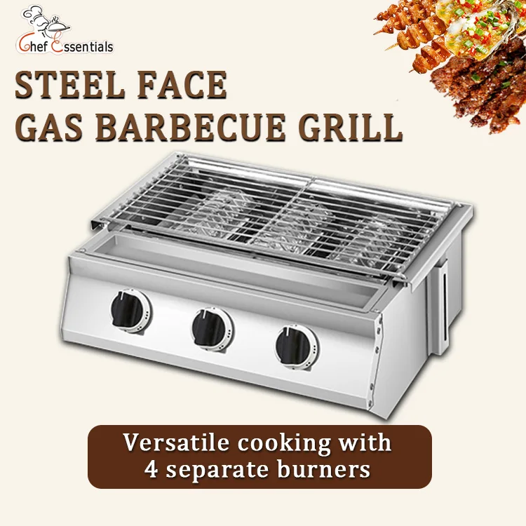 

Three headed desktop gas stove and barbecue grill are used as household and outdoor camping stoves