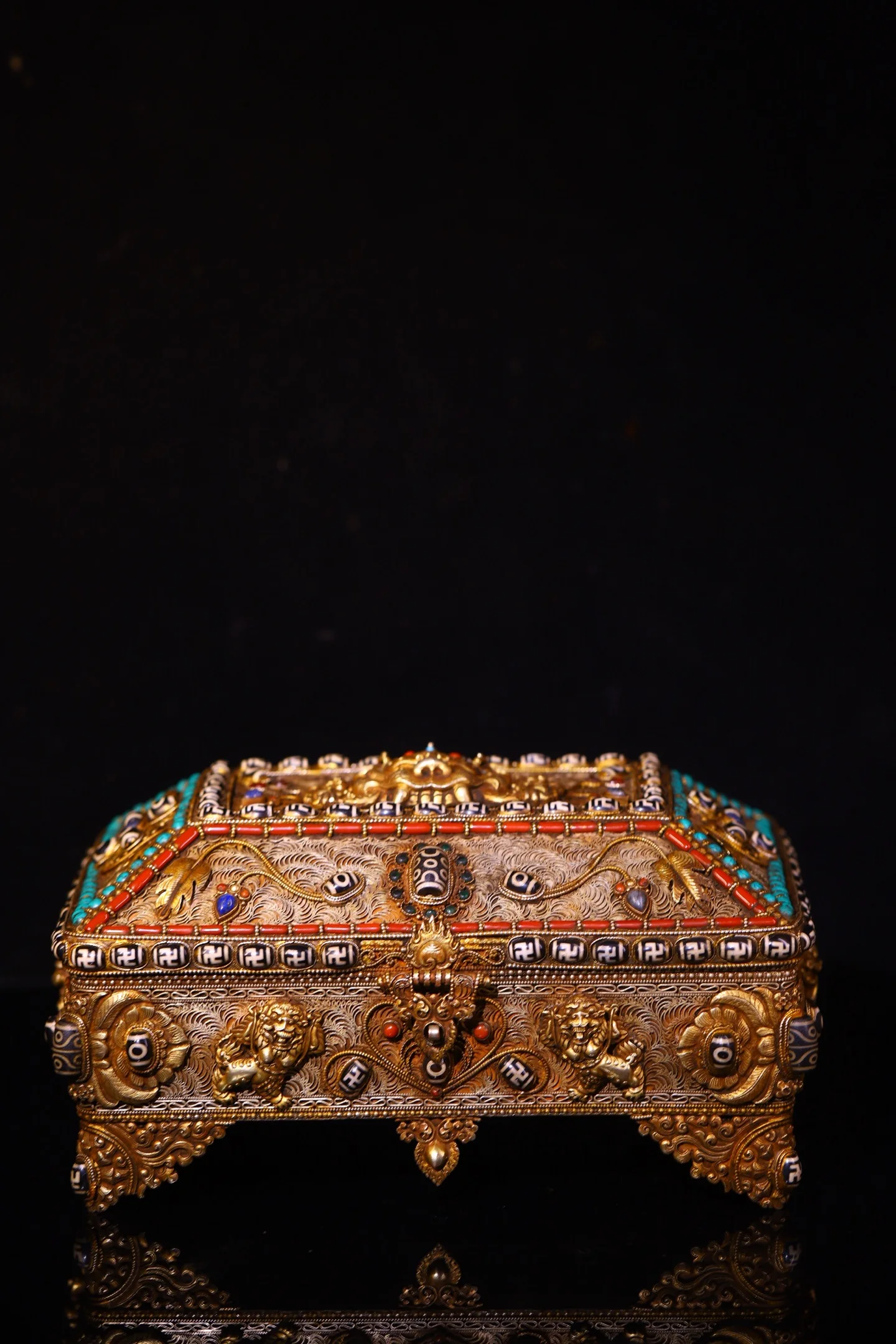 

12"Old Tibetan Silver Mosaic Gem gZi Beads GARUDA Buddha Head pattern Buddha Box treasure chest storage box Worship Hall