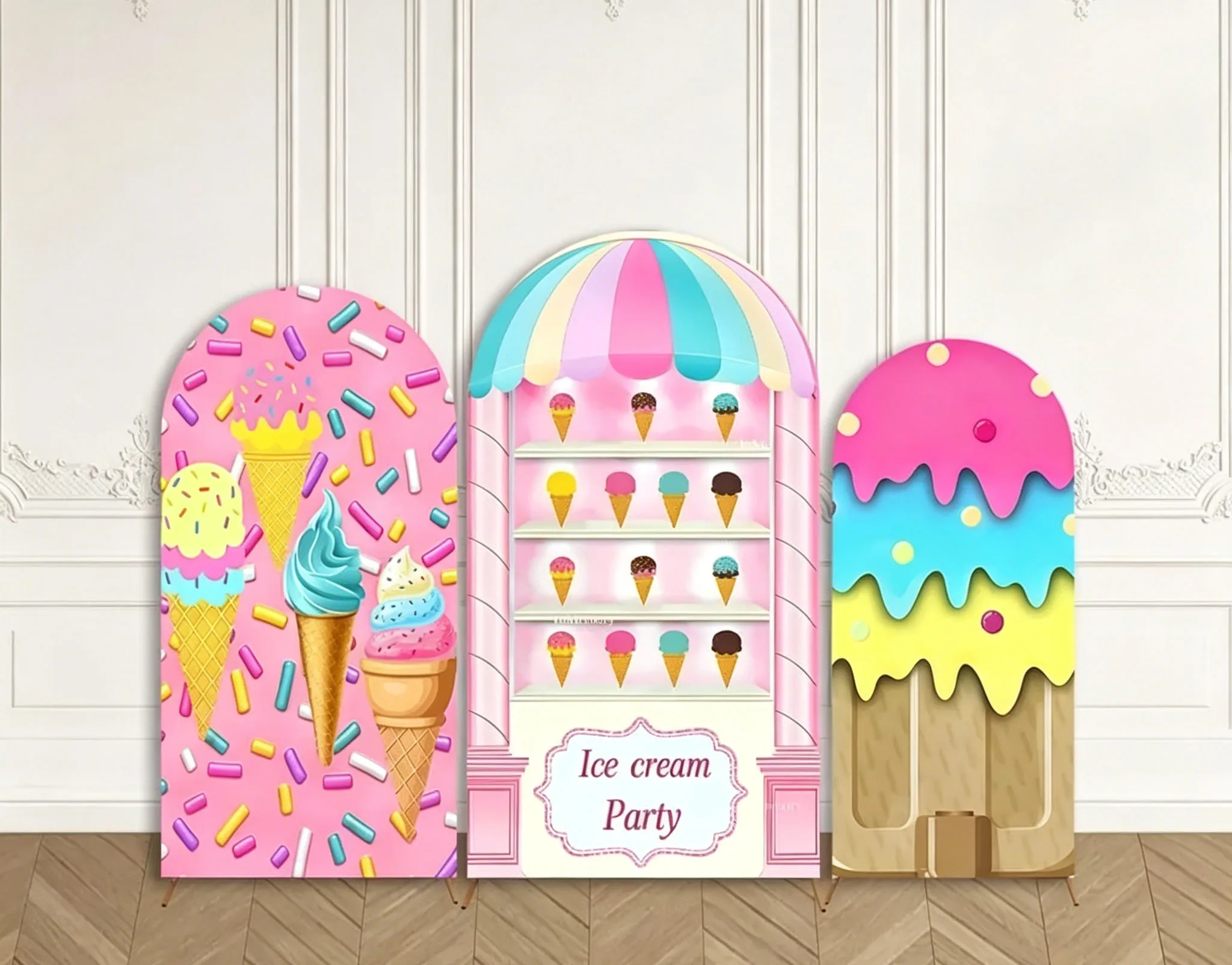 Custom 2-Side Colorful Ice Cream Parlor Shop Baby Shower Arch Backdrop Cover Sweet Candy Summer Birthday Party Decor Backdrop