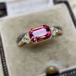 Huitan Octagonal Red CZ Gold Color Rings for Women Wedding Anniversary Party Luxury Elegant Lady Accessories Statement Jewelry