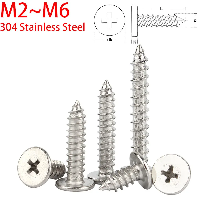 

10-100pcs M2 M2.6 M3 M3.5 M4 M5M6 304 Stainless Steel Cross Phillips Ultra Thin Flat Wafer Head Self-tapping Wood Screw