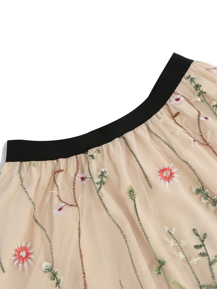 Tonval Floral Embroidered Mesh Overlay Lined Long Skirt Elastic Waist Women Elegant Festival Outfit Summer Vintage Skirts