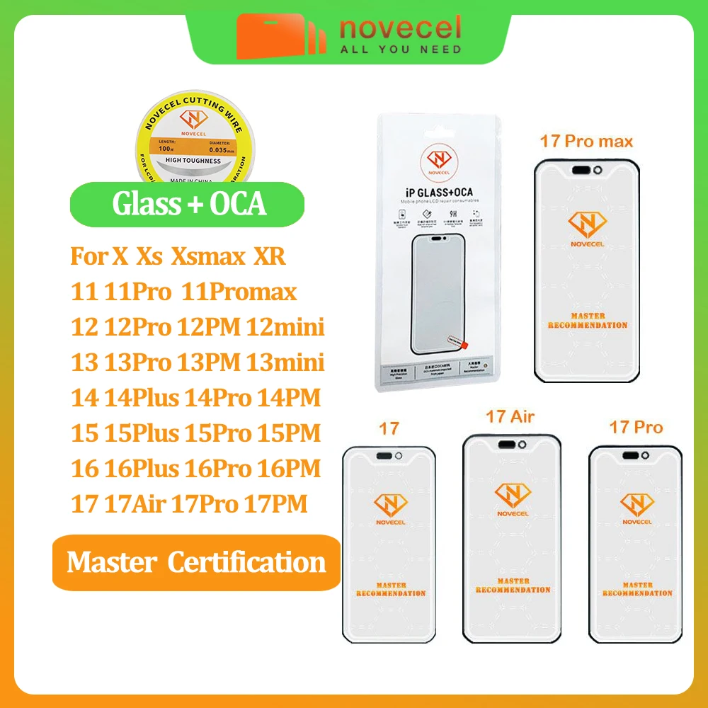 Novecel 10pcs Touch Panel OCA Glass For iPhone 11 12 13 14 15 16 17 Pro Max Mini Plus 17Air Screen Repair Can Pass After Sale