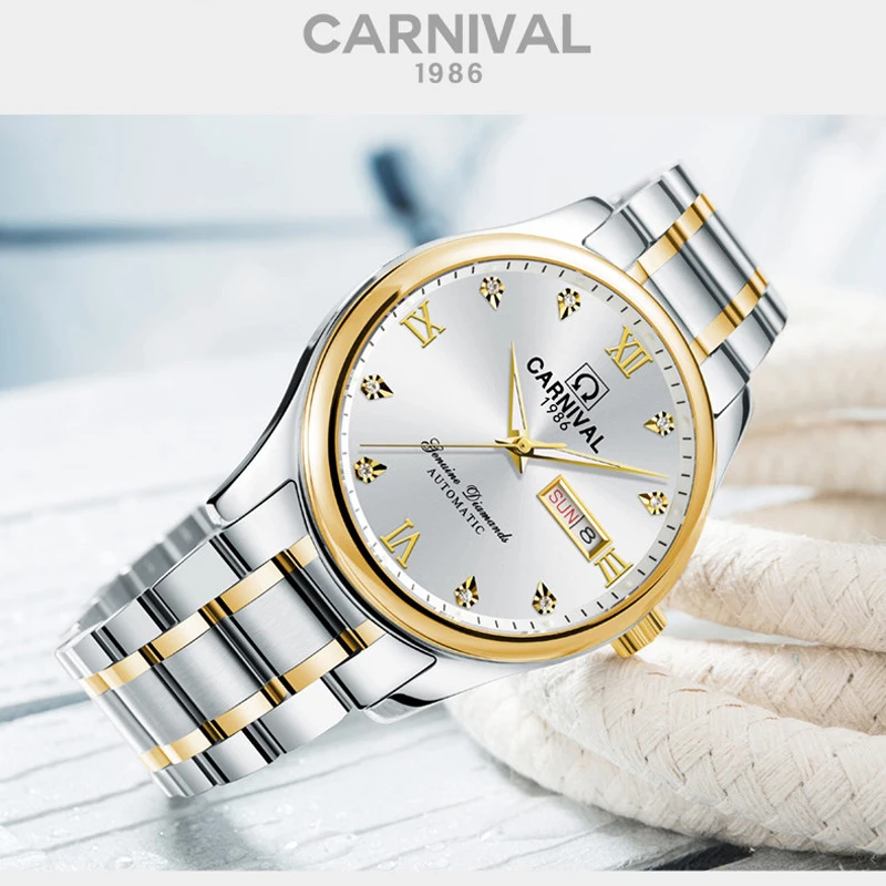 Imagem -04 - Carnival Minimalista dos Homens Relógio Mecânico de Ouro Dial Relógios Automáticos Casual Relógio de Aço Inoxidável Masculino Relógio de Pulso Relógio Saat