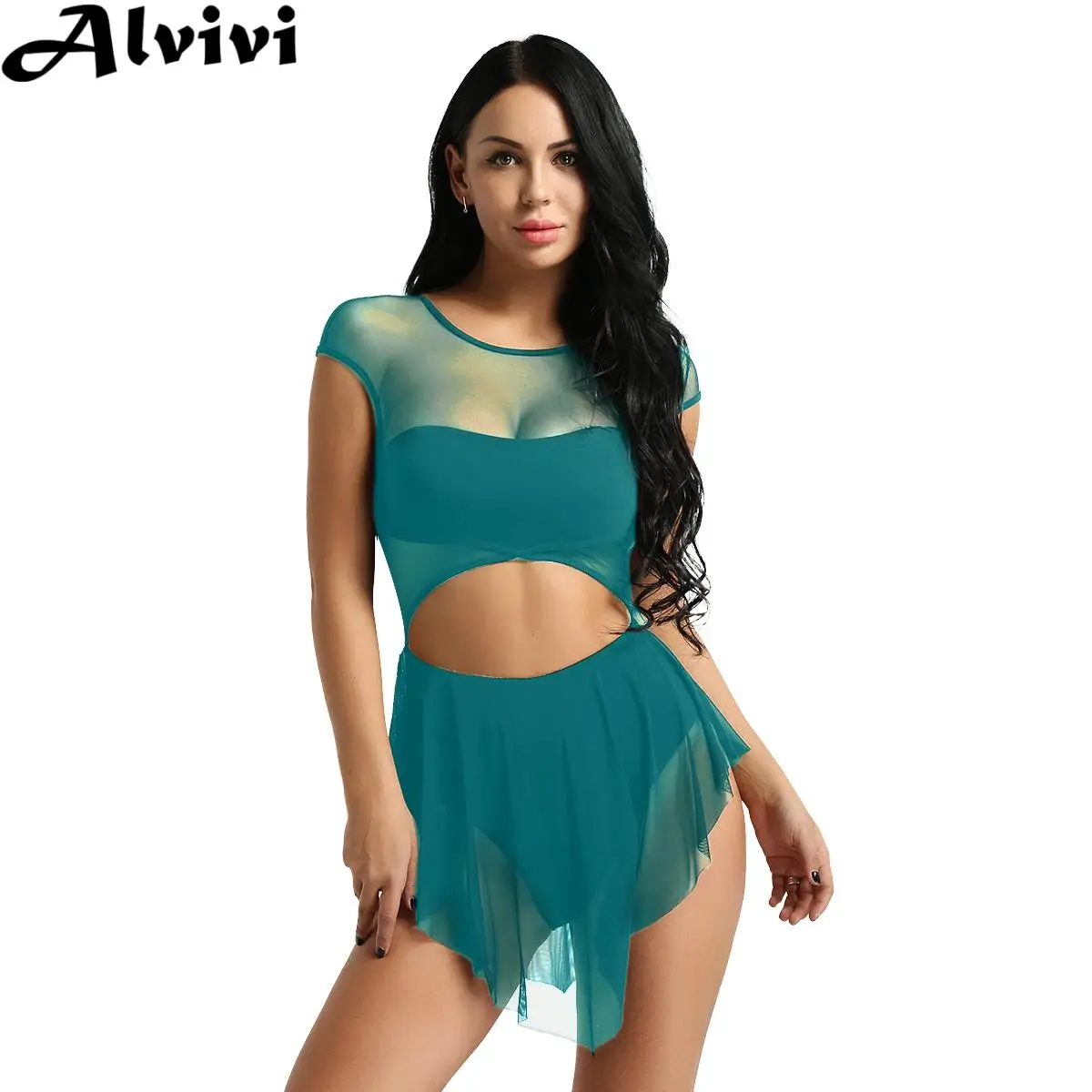 

Women Lyrical Dance Dress Ballet Skating Gymnastics Leotard Tutu Sleeveless Asymmetrical Cutout Sheer Mesh Performance Dancewear