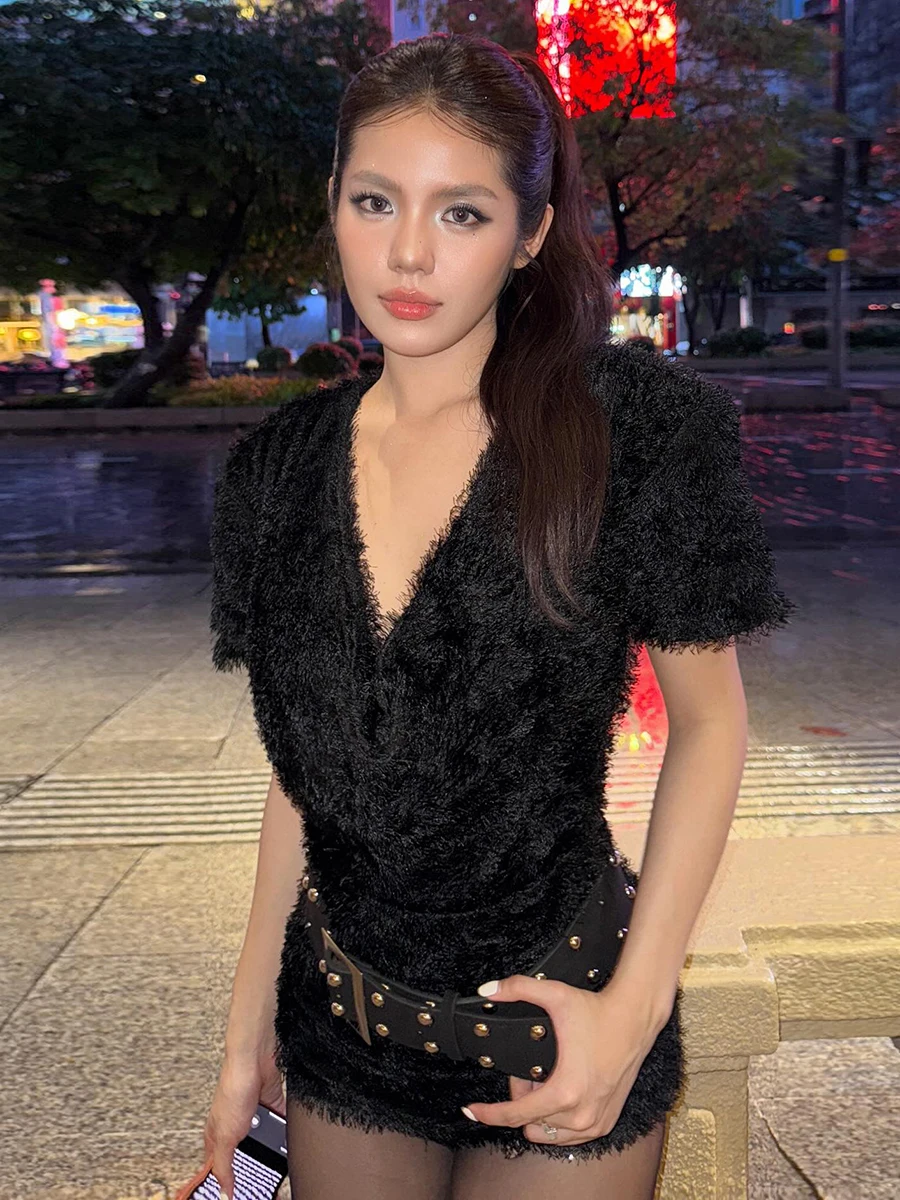 

Женский плюшевый комбинезон WEIRD PUSS с V-образным вырезом, сексуальный, для ночного клуба, с высокой талией, прямые брюки, смесь полиэстера