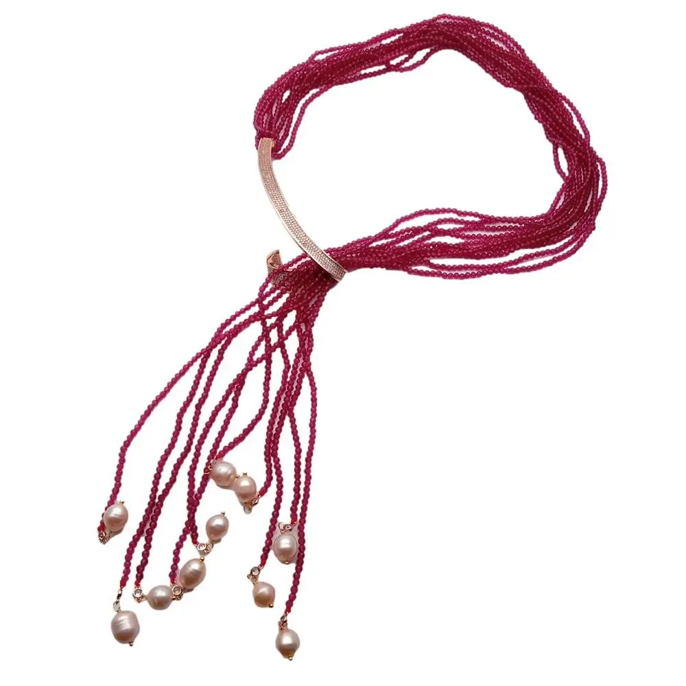 Y.YING 10 Rows Red Crystal Cultured Pink Rice Pearl Long Lariat Necklace Fashionable Jewelry