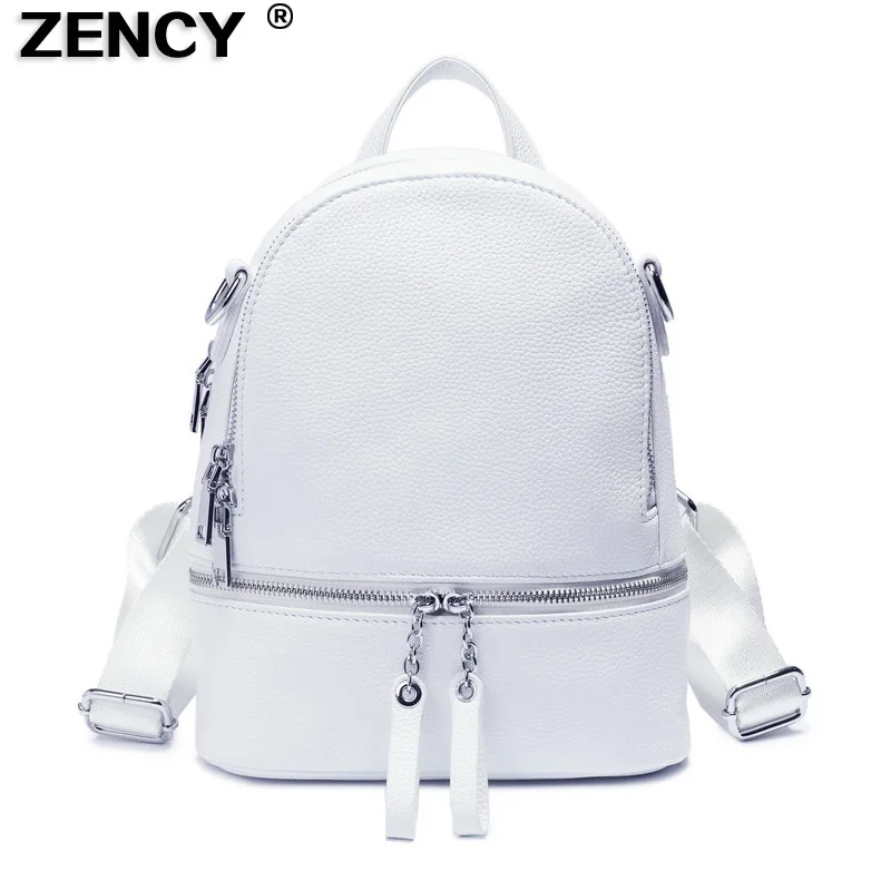 

ZENCY Silver Color Hardware 100% Genuine Cow Leather Women Backpack Lady Girl First Layer Cowhide Book Bag Style Knapsack Purse