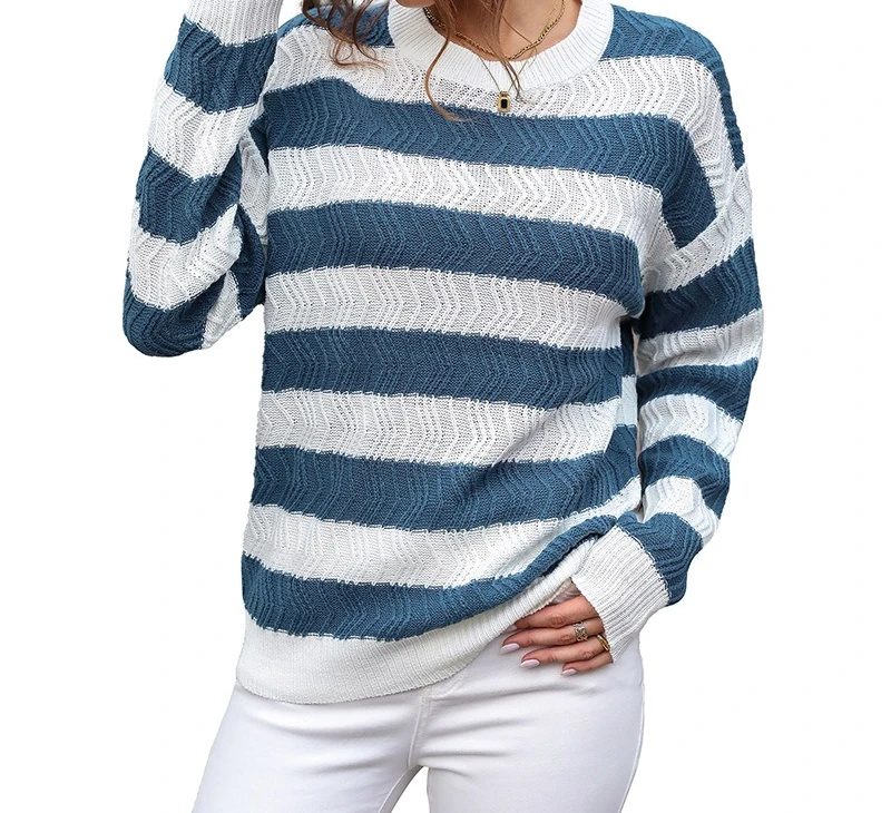 2025 Autumn Striped Knitted Sweater Color Contrasting Knitted Sweater Autumn/Winter Women's Top