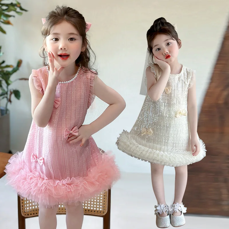 

Girls Party Dresses Sequined Mesh Princess Dress Kids French Style Sleeveless Fashion Birthday Party Prom Daily Bow Costumes