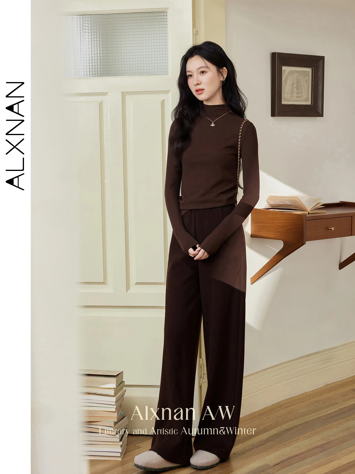 ALXNAN المرأة حجم كبير مرونة عالية الخصر السراويل عادية سليم مستقيم واسعة الساق بنطلون 2024 خريف شتاء الإناث قيعان D08119