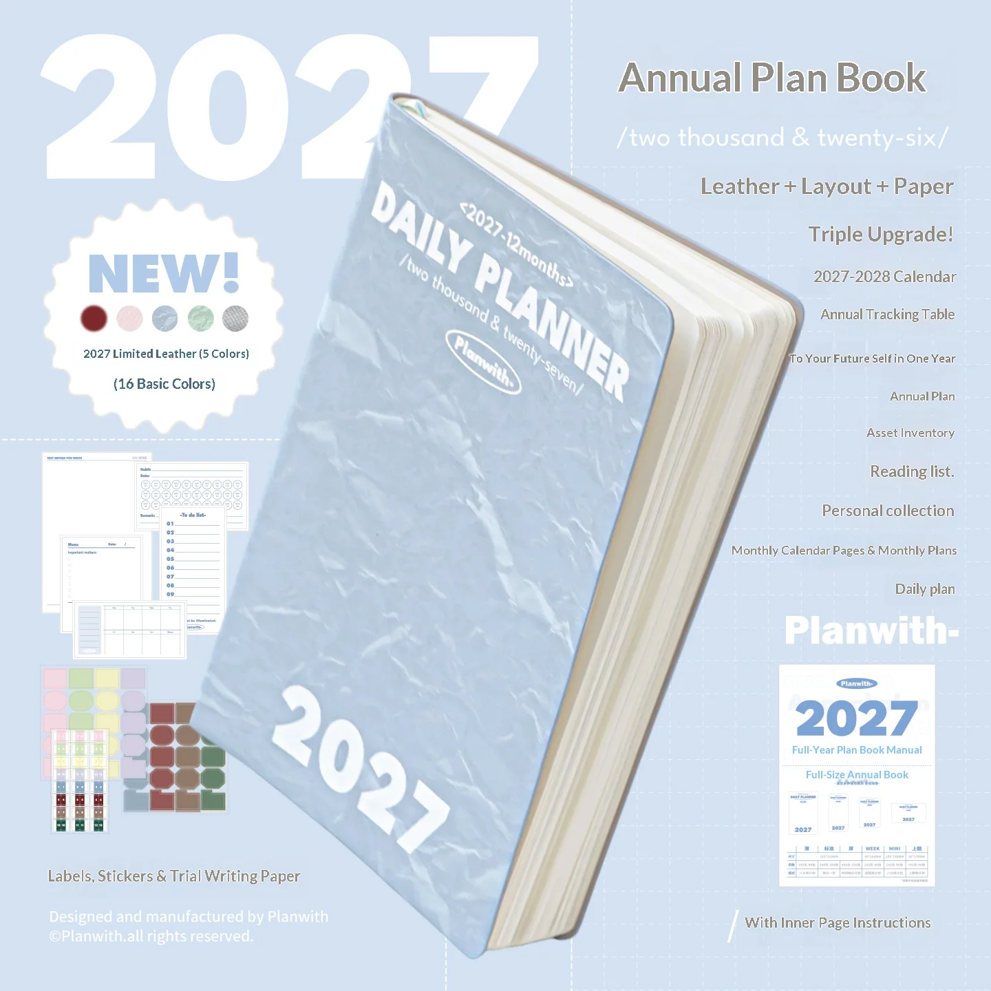 Planwith 2027 A5 Kawaii Aesthetic Soft PU Cover Notebook Daily Weekly Monthly Planner Efficiency Journal New Arrival