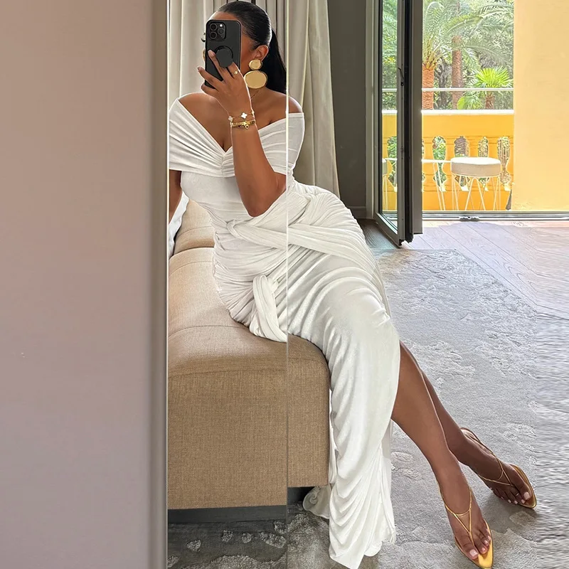 White Ruffles Prom Dress With Stripe Sexy Off Shoulder Short Sleeves Long Party Bridal Gown Formal Guest Wedding Birthday Robe