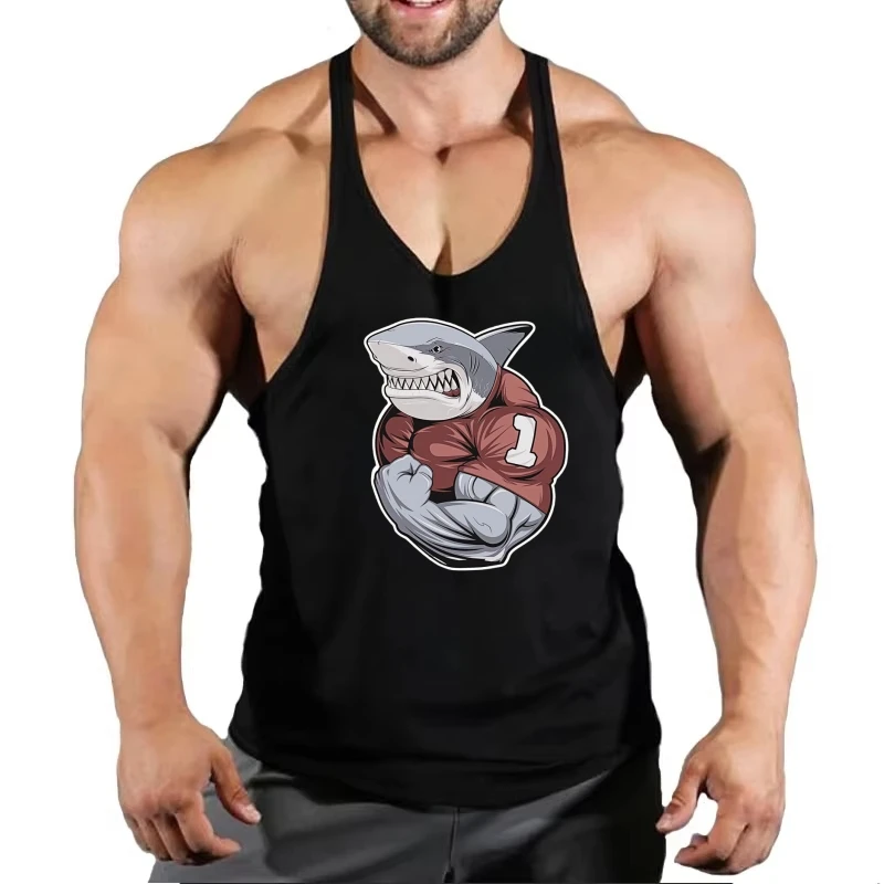 

Men's Shark Muscle Graphic Gym Bodybuilding Tank Top - Fashion Y-back Suspenders Vest, Cotton Breathable Sleeveless Sport Shirt