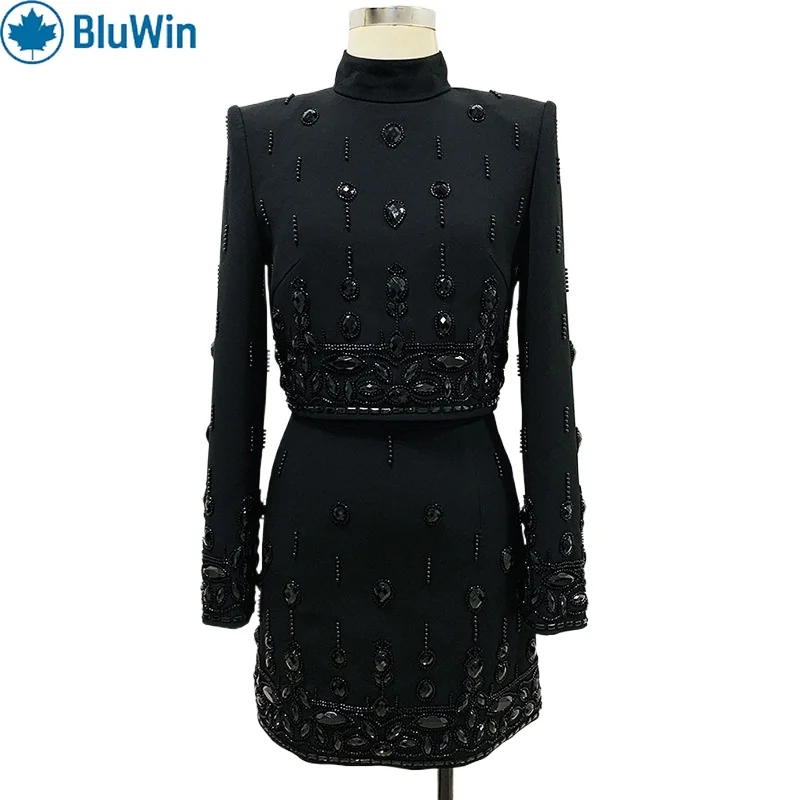 

BluWin черное мини-платье из двух частей с бисером, женское платье с длинным рукавом и высоким воротом, структурированное плечо, облегающее элегантное вечернее платье