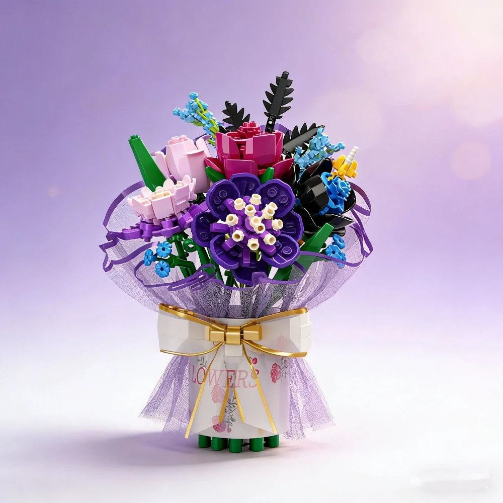 MOC Spring Love Poem Flower Building Block Set Romantic Hand-Held Ornament Bouquet DIY Toy Children Holiday Valentine's Day Gift