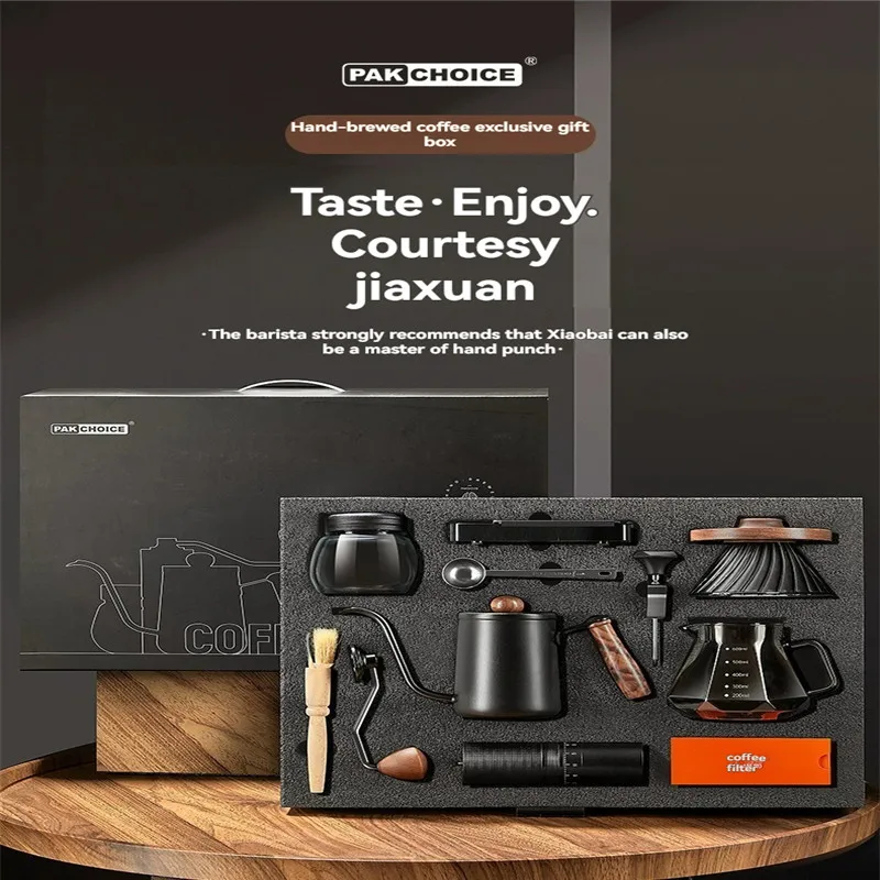 Outdoor full set coffee machine handmade brewing pot and grinder metal and glass ribbon gift box coffee set
