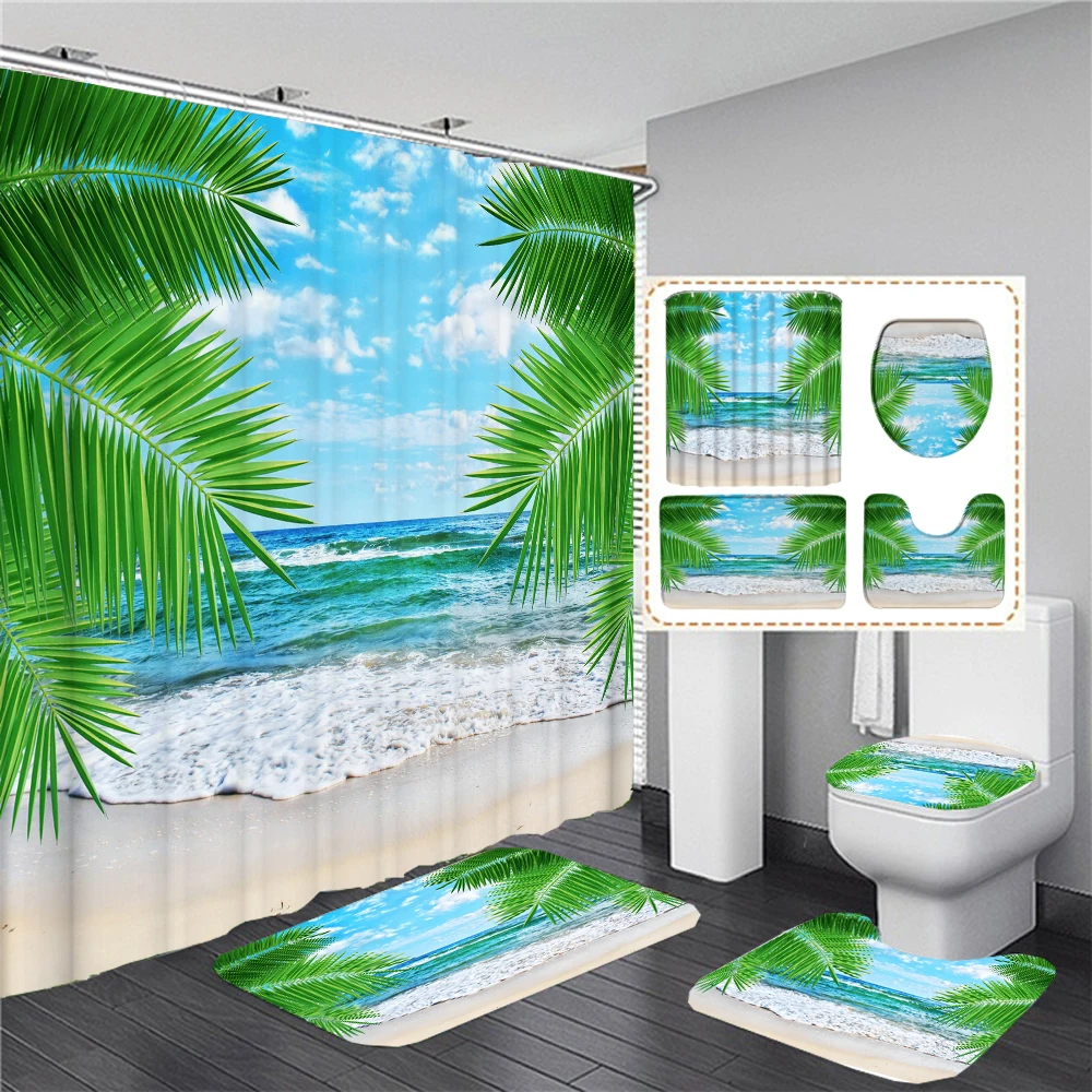 

3D Seaside Beach Landscape Toilet Cover Bath Mat Sets Coconut Tree Print Bathroom Curtain Set Waterproof Fabric Shower Curtains