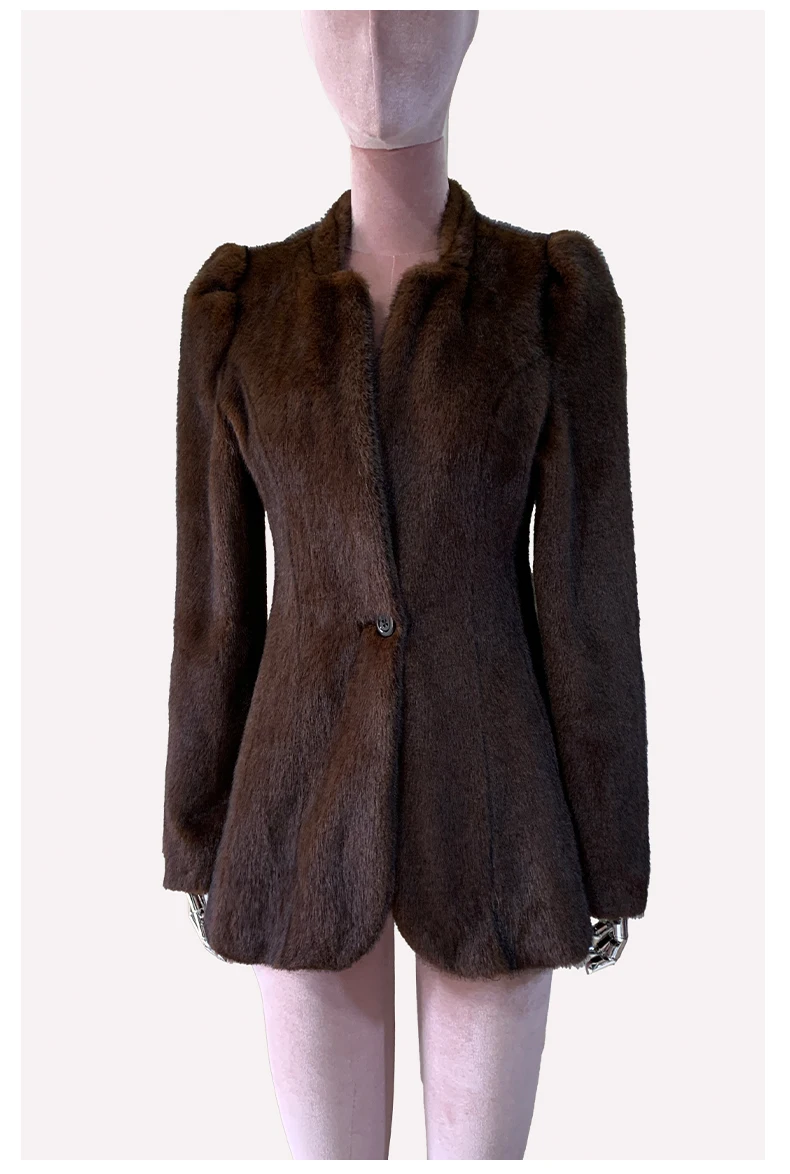 Nerazzurri Winter Short Brown Thick Warm Soft Fitted Faux Mink Fur Coat Women Single Button Elegant Luxury Chic Fluffy Jacket