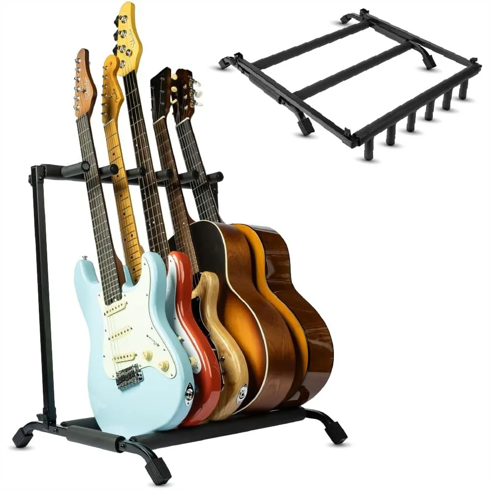 

5 Guitar Rack Stand for Acoustic, Electric, Bass Guitars, Heavy-Duty Steel with Foam Padding, Space-Saving Folding Design