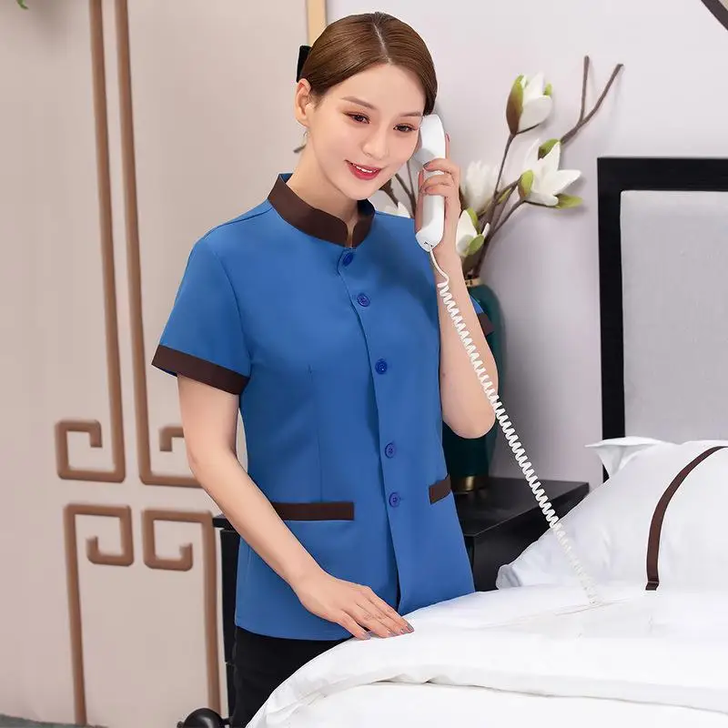 Women's Cleaning Work Uniforms Housekeeper Reception Hotel Rear Housekeeping Waiter Clothes Personalized Custom Printed Logo Top