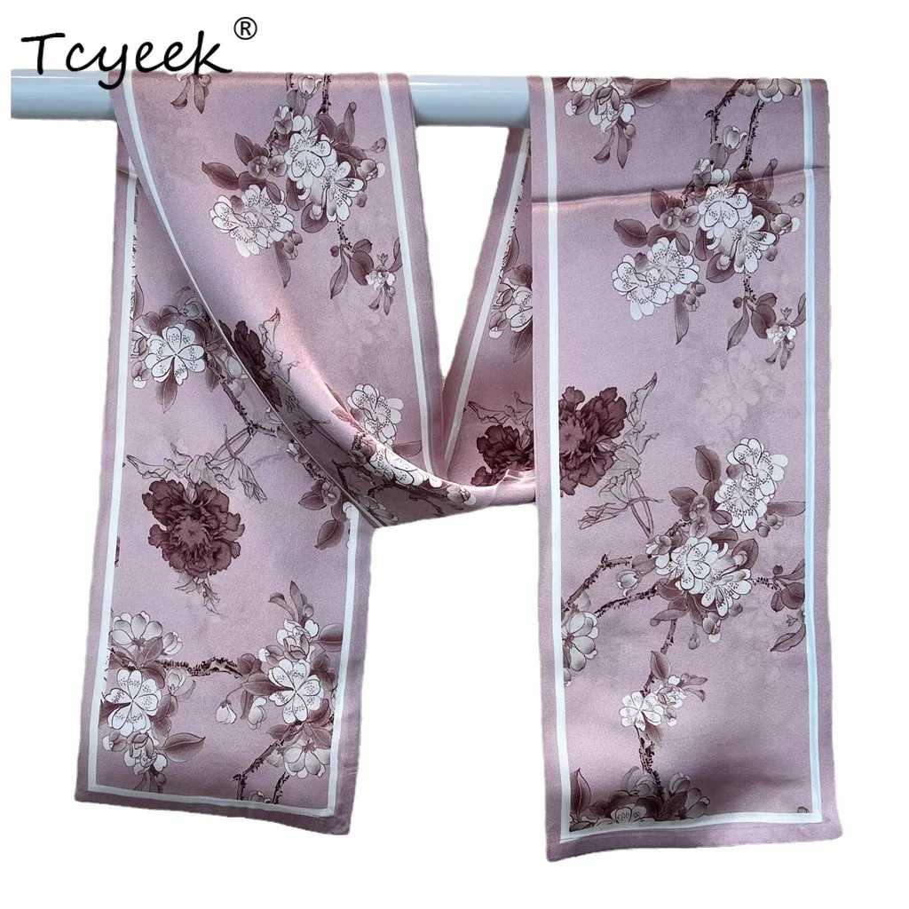 

Tcyeek, 100%Real Slik Elegant Narrow Scarf, 145cm Flower Print, Mom Gift French Retro Chic Scarf, 2024 Summer Autumn A465126QC