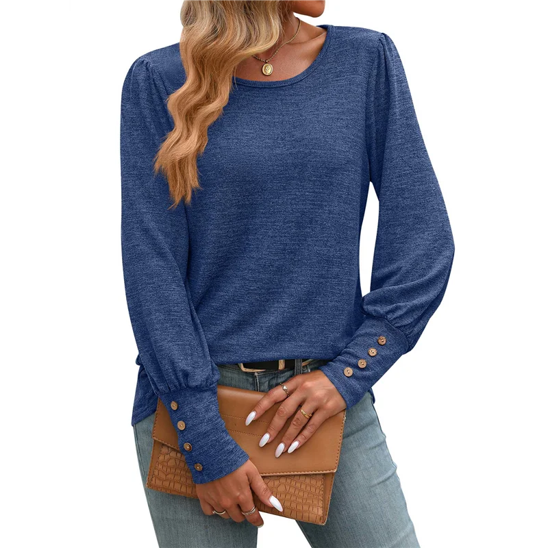 

CGS-Женские пышные топы с короткими рукавами и круглым вырезом, свободные повседневные блузки, рубашки с деталями на пуговицах