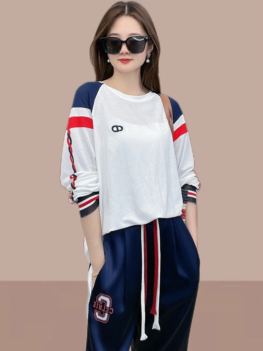 

Faionable Pure Cotton Set Women's Long Sve T-irt And Pants Two-Piece Suit Spring Autumn Wear Versatile Deep Blue Color