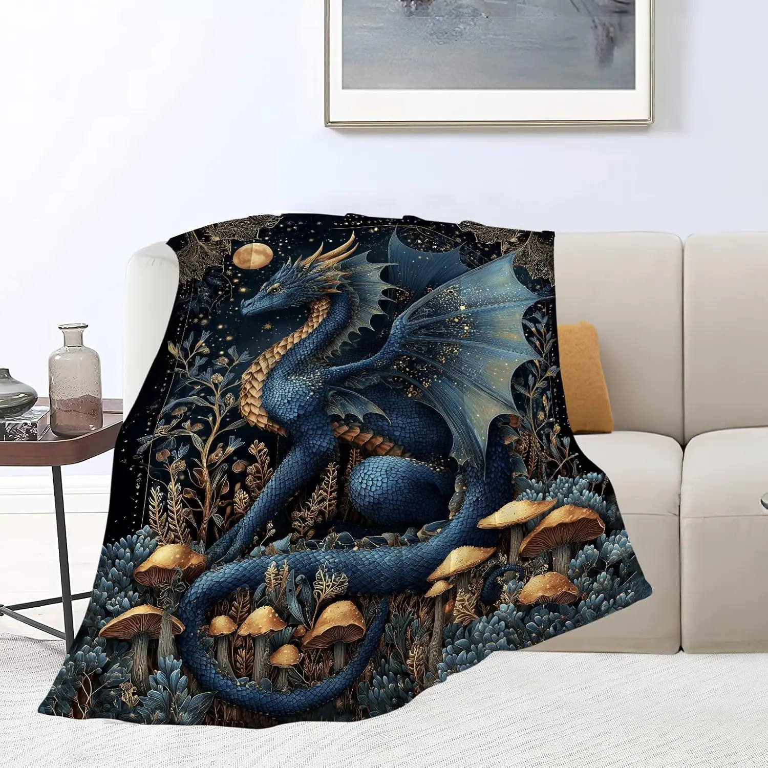 Fantasy Dragon Throw Blanket Mythical Creature Artistic Portrait Unique Gift Home Bedroom Decorative Accessory