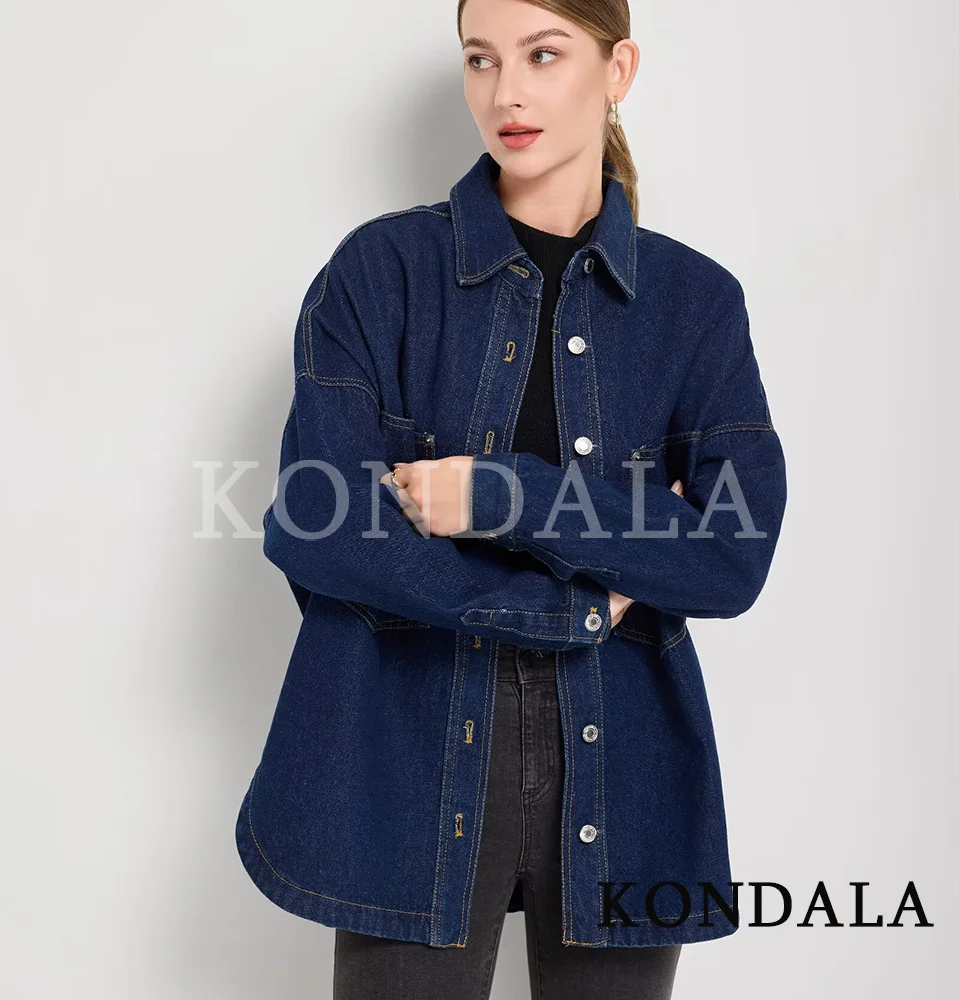 

KONDALA женские джинсовые рубашки большого размера с лацканами и пуговицами, темно-синие свободные рубашки, весна-осень 2021, модные повседневные женские рубашки