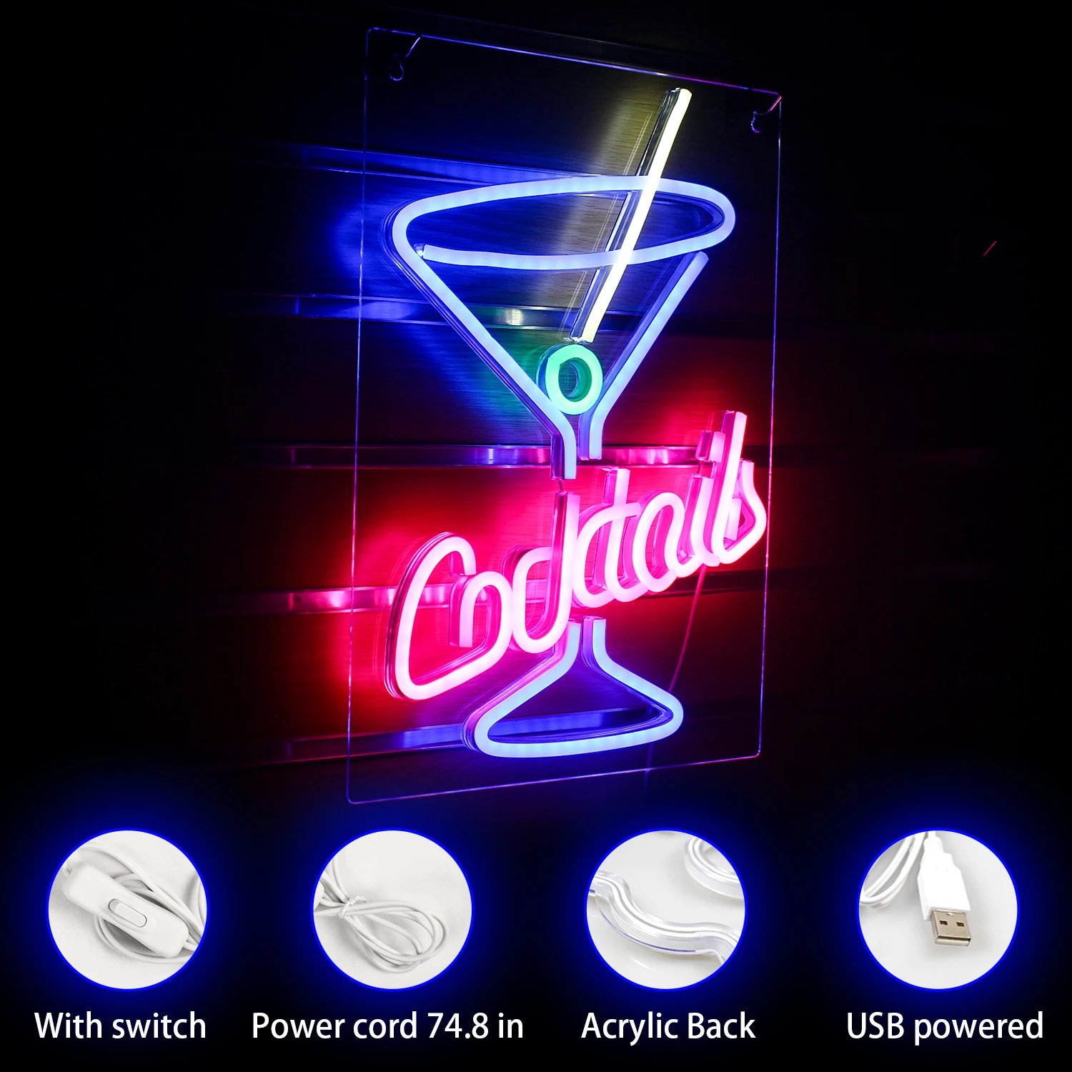 Imagem -05 - Cocktails Sinal de Neon com Logotipo Design Criativo Luzes Led Decoração do Quarto de Festa Casa Bares Clube Quarto Usb Pendurado Arte Lâmpada de Parede