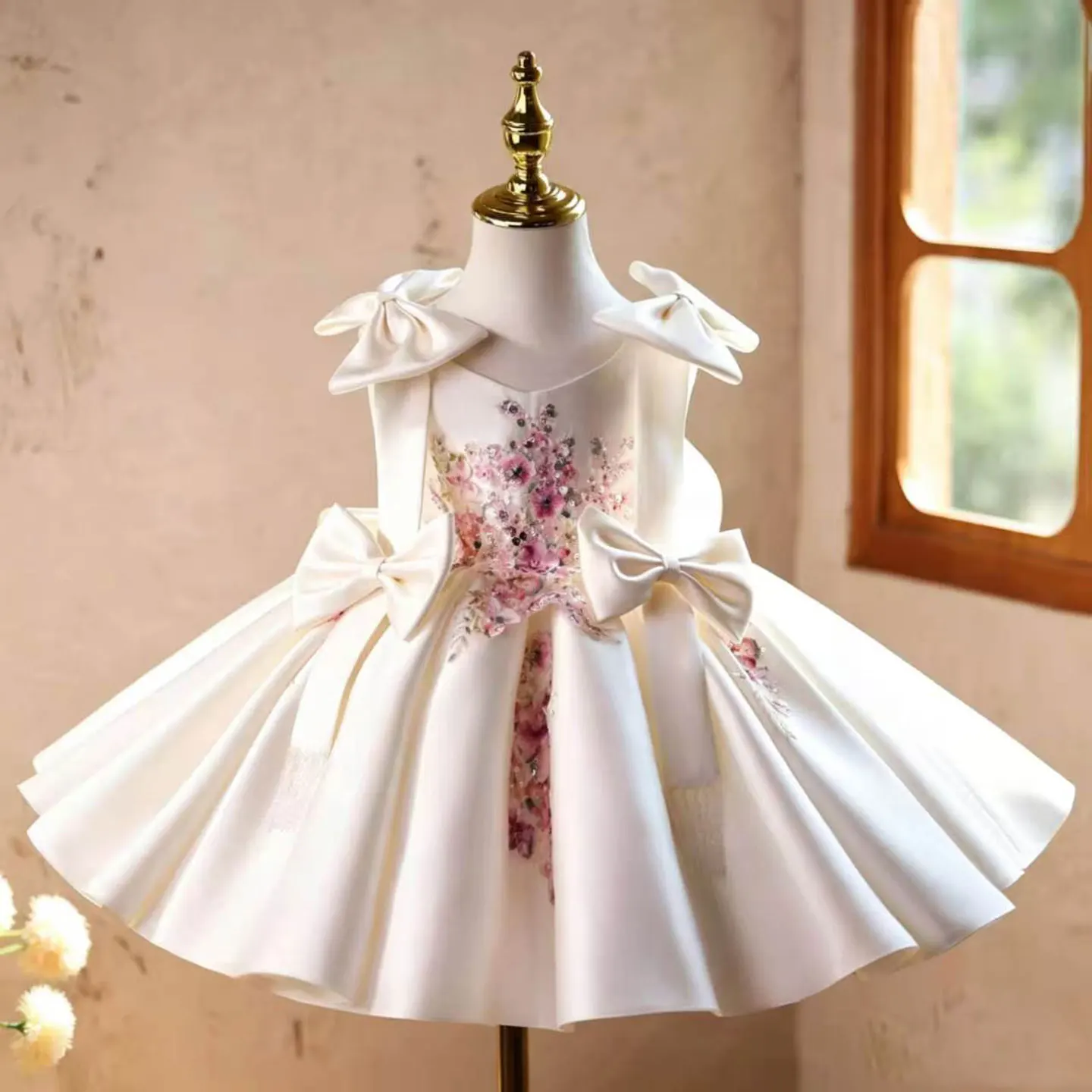 

Jill Wish J900 Elegant White Flower Girl Dress with Floral Embroidery & Satin Bows – Backless Lace-Up Design with Tassel Details