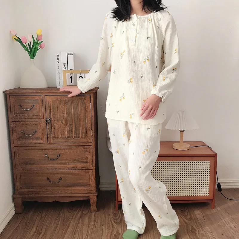 2023 New Cotton Pajama Housewear Suit Girls Sleepwear Set Long Sleeve Spring Autumn Pyjamas Women Loungewear Nightwear