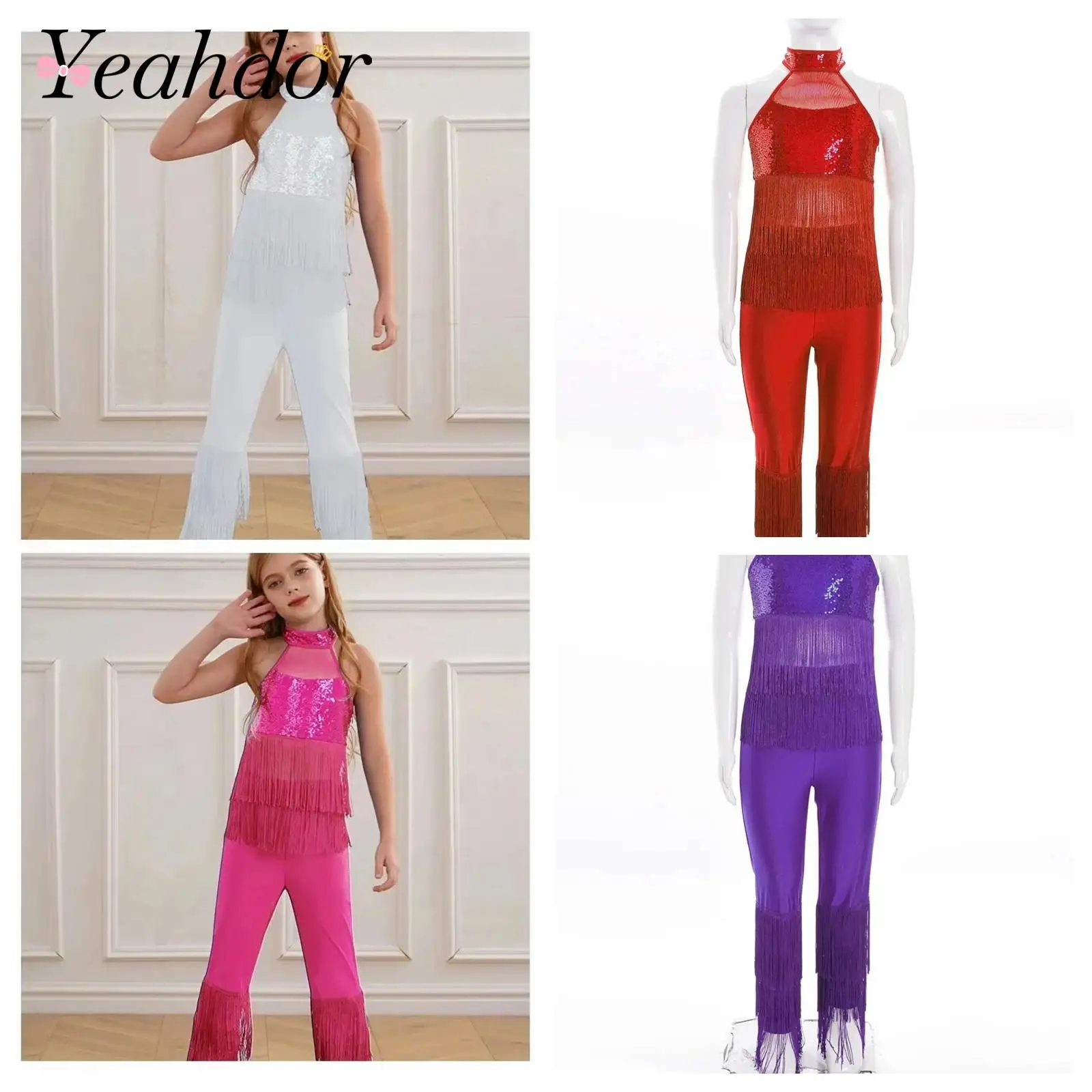 

Girls Sparky Sequins Jumpsuit Children Latin Jazz Fringed Bodysuit Halter Tassels Hip Hop Dance Disco Party Costume Streetwear