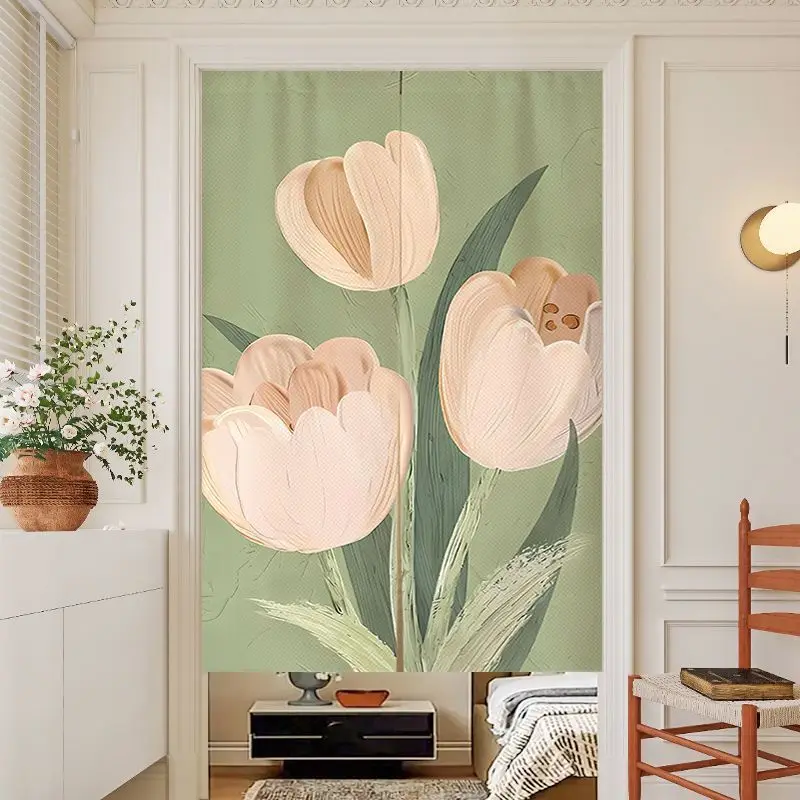 Morandi Tulip Door Curtain Fresh Cream Flowers Non Perforated Entrance Bedroom Privacy Partition Curtain