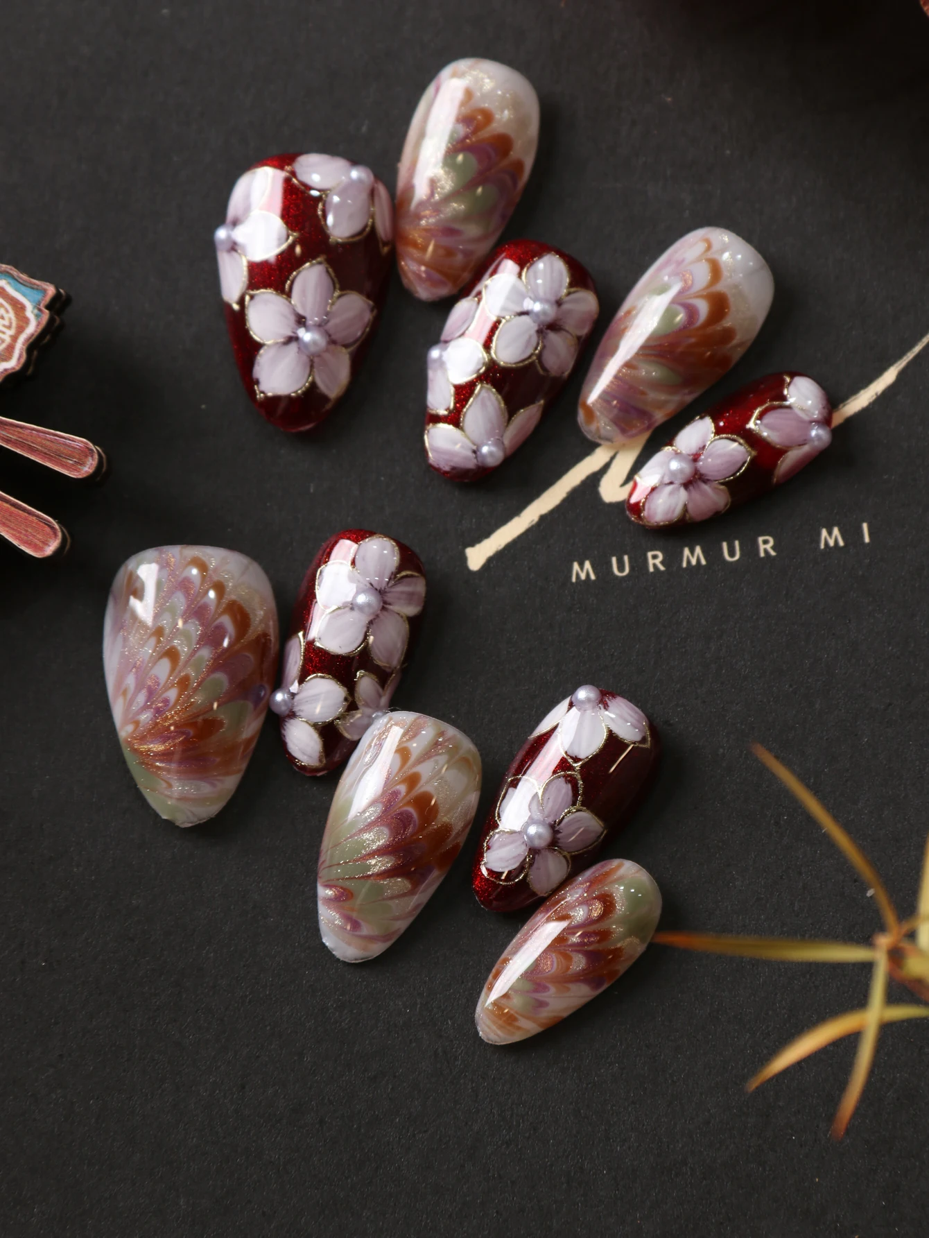10Pcs Press on Nails Short Almond Colorful Feather Press on Nails Fake Nails Includes 1 Sheet of Adhesive Tabs & 1 Pc Mini File