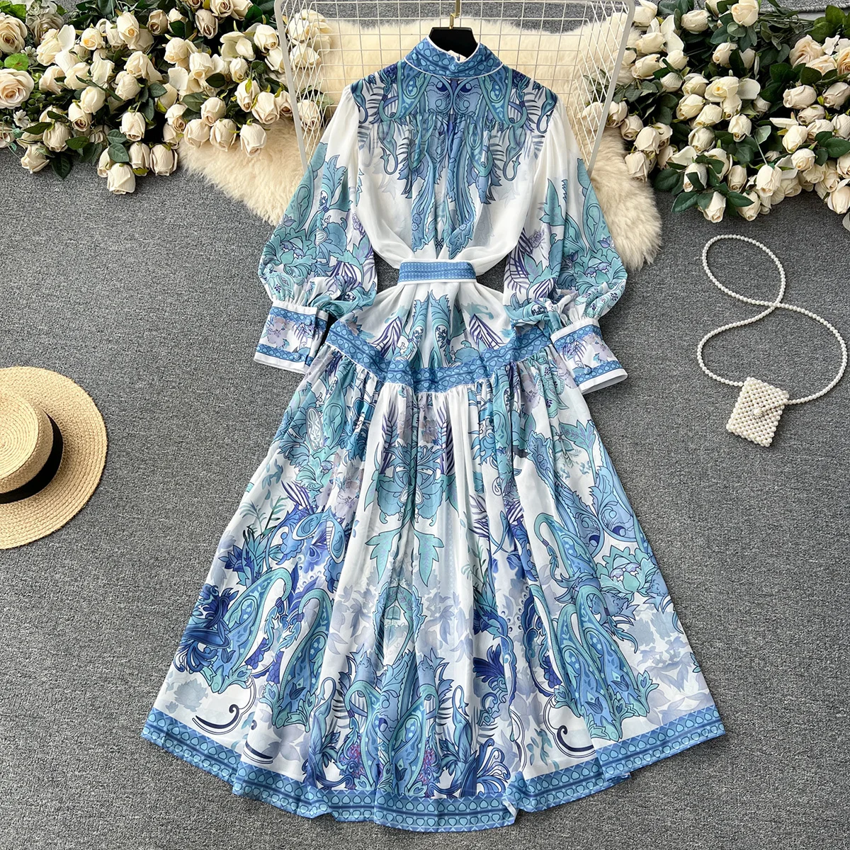 Vrouwen Jurken 2023 Opstaande Kraag Elegante Vintage Paisley Print Boho Jurk Lange Mouw Knoop Chiffon Lange Jurken Met Riem