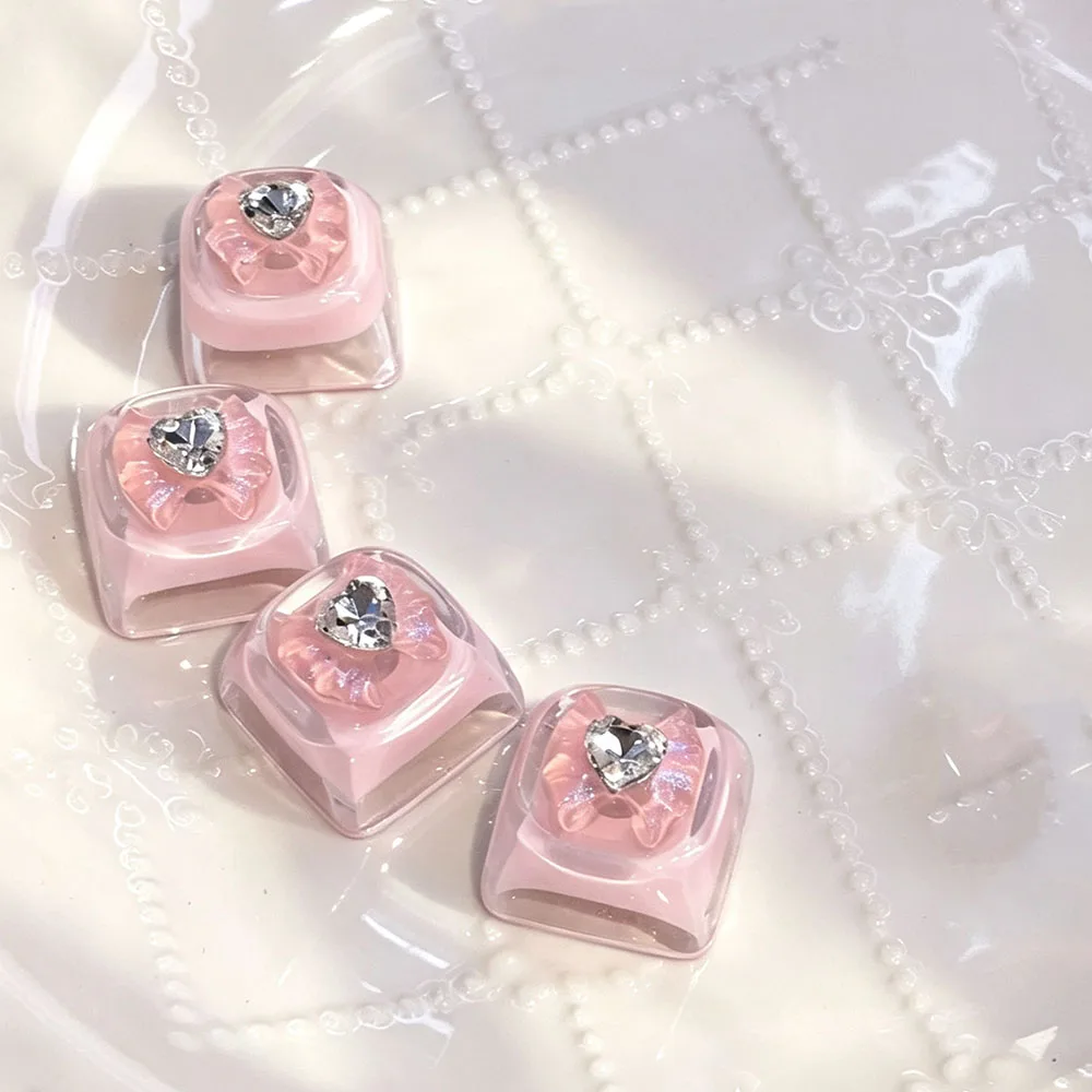 Pink Heart Rhinestone Bow Artisan Keycap 1U Custom Key Cap Mechanical Keyboard ESC Keycap Girl Gaming Keyboard Accessory Gift