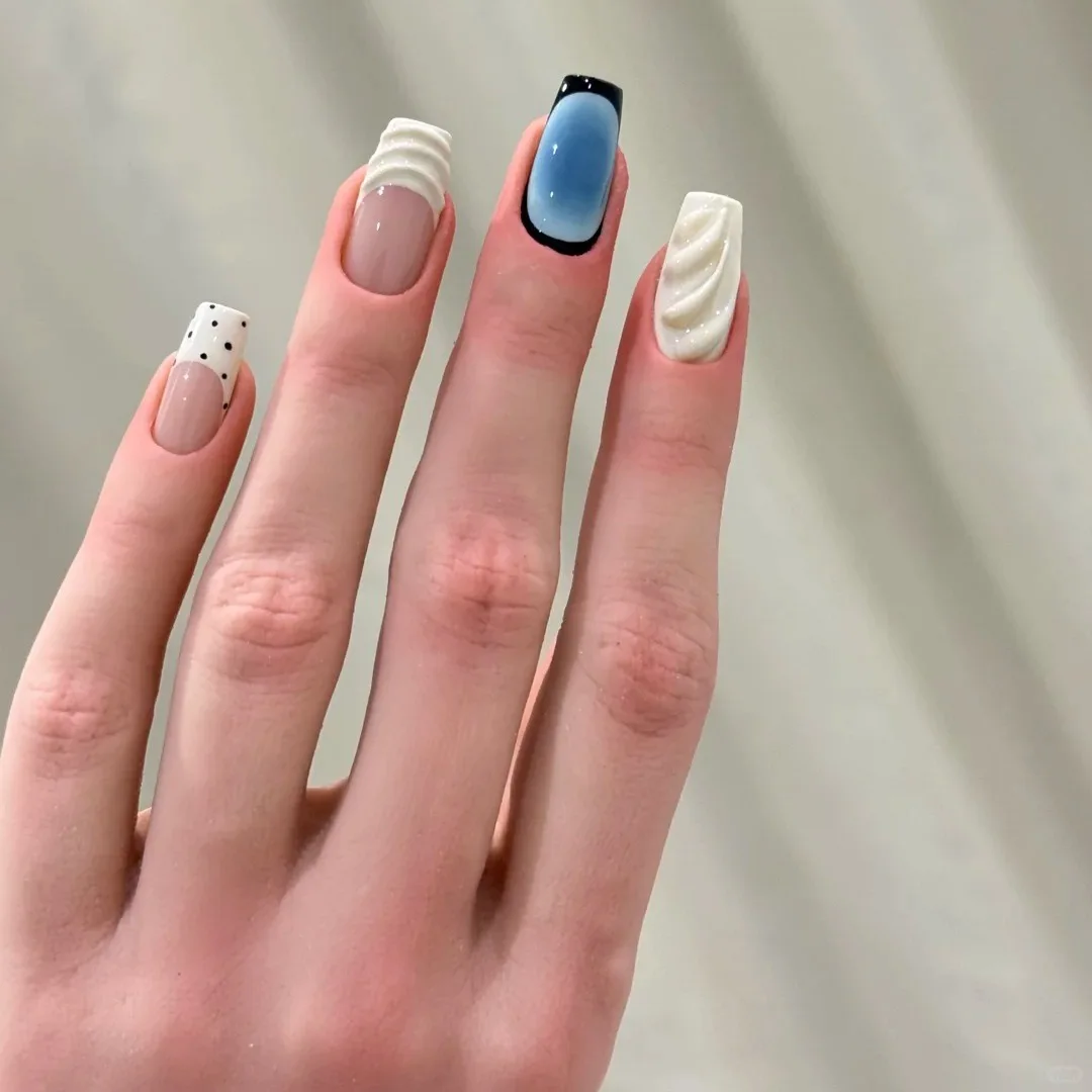 

10Pcs Y2k Handmade Press on Nails Full Cover White Water ripple Nail Art Sweet Cool French Wearable Fake Nail Manicure Tips