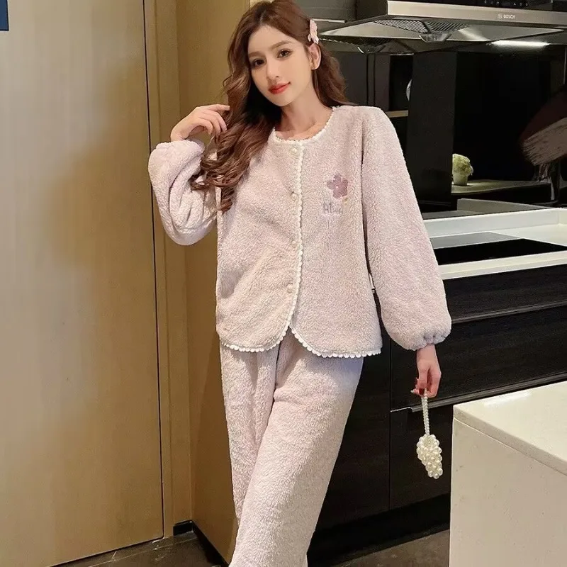 Women Coral Velvet Pajamas Winter Fleece-Lined Padded Cardigan Homewear Suit Female Pure Color Round Neck Warm Nightclothes Suit