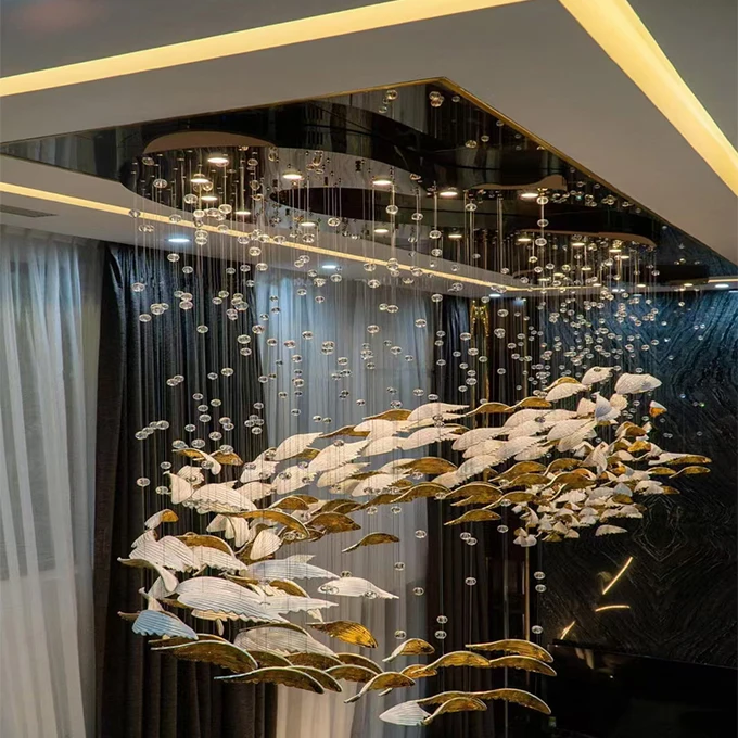 Customized Long Floating Leaf Design Large Leaves Shape Decorative Glass Pendant Lights for Hotel Lobby Villa
