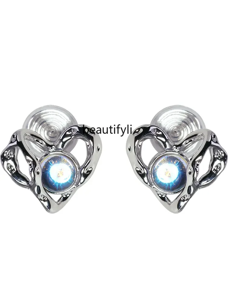 yj Personalized Fantasy Love Earless Ear Clip Integrated Metal Texture Silver Needle Ear Studs